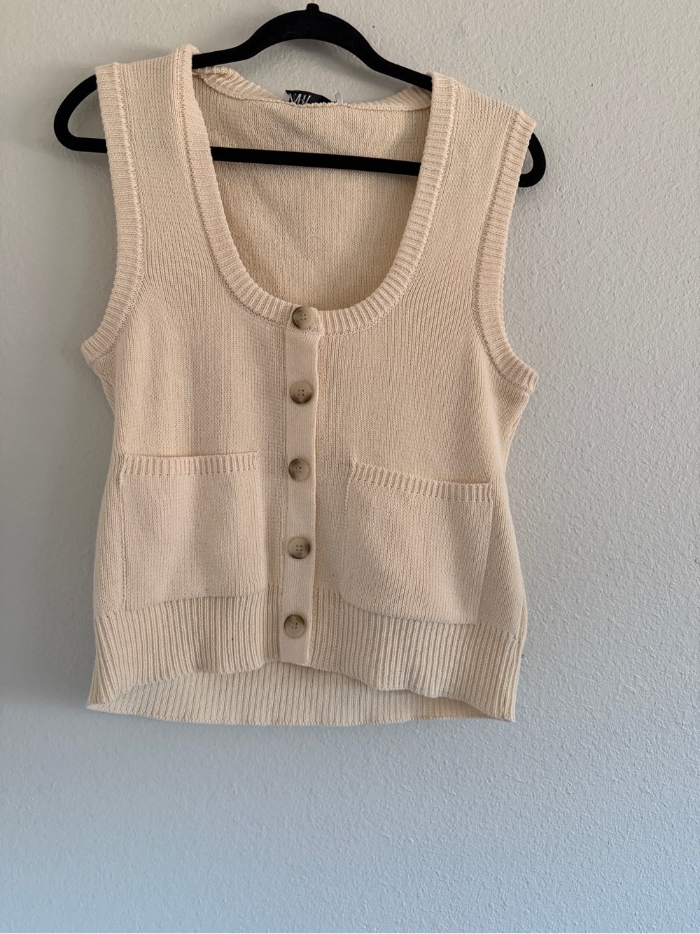 Zara Ivory Knit Scoop Neck Button Front Sweater Vest